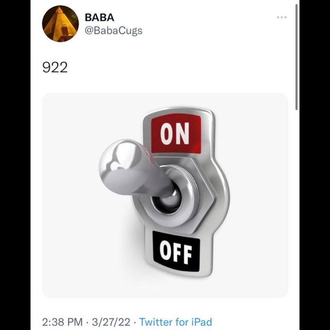 A tweet posted at 2:38 PM on 3/27/22 from user @BabaCugs displays an image of a toggle switch in the "ON" position with the caption "922," likely referencing the $XRP ticker and its price activation or surge.