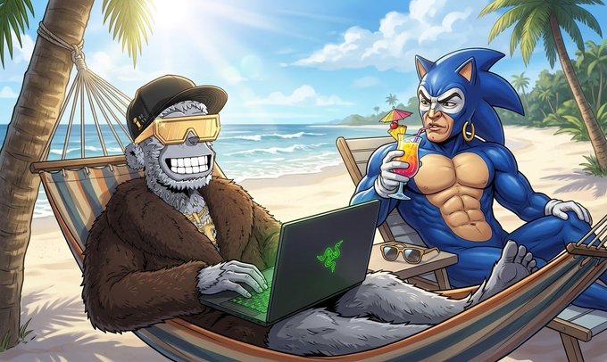 A cartoon illustration of a gorilla wearing a cap, sunglasses, and gold chain lounging in a hammock on a beach with a Razer laptop, next to a muscular blue Sonic-like hedgehog drinking a tropical cocktail.