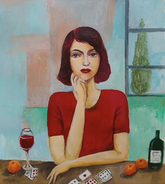 A painted portrait of a woman with short red hair wearing a red shirt, sitting at a table with playing cards, a glass of red wine, tomatoes, and a wine bottle, with a window and plant in the background.