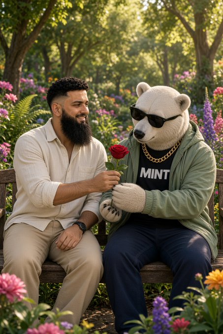 A man with a beard sits on a garden bench offering a red rose to a polar bear wearing sunglasses, a gold chain, and a green 'MINT' hoodie.
