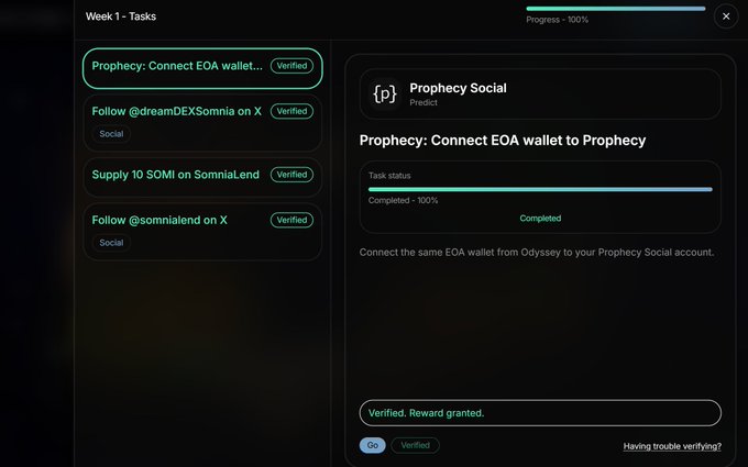 A 'Week 1 - Tasks' screen for a Prophecy Social airdrop, showing completed and verified tasks like connecting an EOA wallet, following @dreamDEXSomnia, and supplying 10 SOMI on SomniaLend.