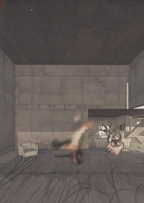 A surreal, minimalist interior scene with concrete walls, sparse furniture, and a glowing, ethereal figure floating above the wooden floor.