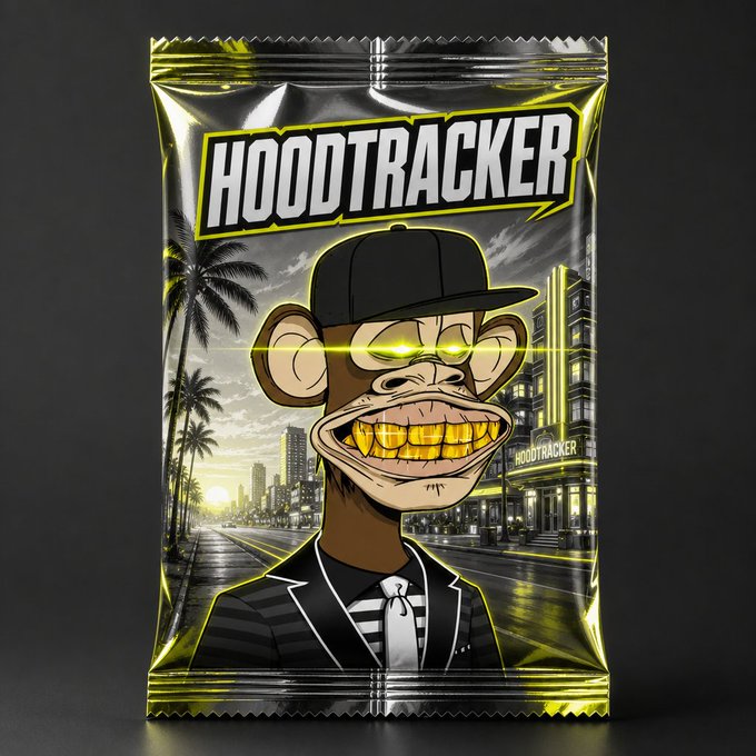 A shiny black and gold "HOODTRACKER" foil pack featuring a cartoon monkey wearing a cap and suit with glowing yellow eyes and gold grills, set against a city skyline backdrop. The bold branding and streetwear-style mascot tie into the post's promotion of the $HoodPack NFT collection on the Robinhood Chain, emphasizing the project's edgy, urban crypto aesthetic.