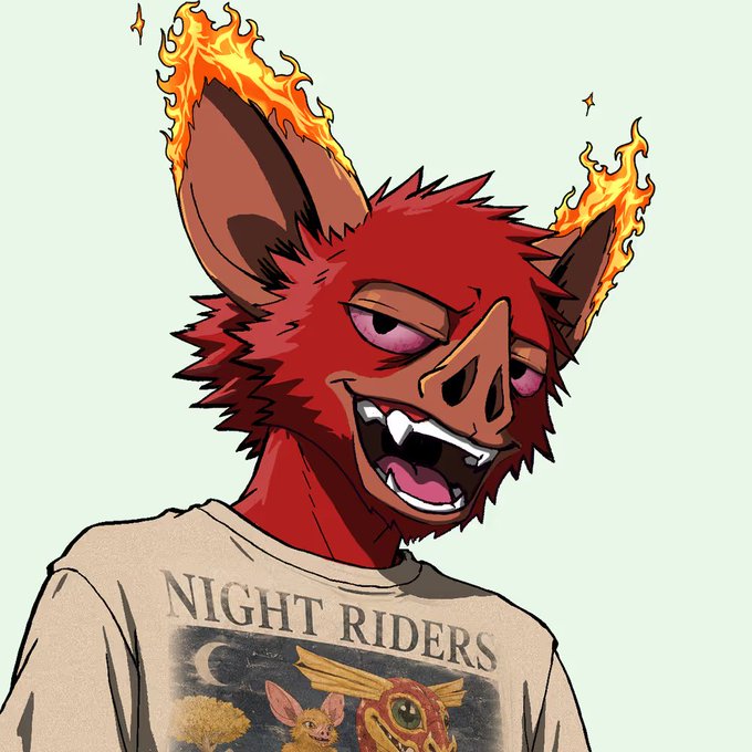A stylized illustration of a red, anthropomorphic boar-like character with flaming ears, sharp teeth, and a 'NIGHT RIDERS' t-shirt featuring a rabbit and moon design.