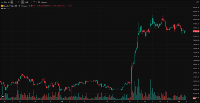A candlestick chart on TradingView displaying Bitcoin (BTC) price action on the TetherUS/Binance pair, showing a significant price spike followed by a decline in early September.