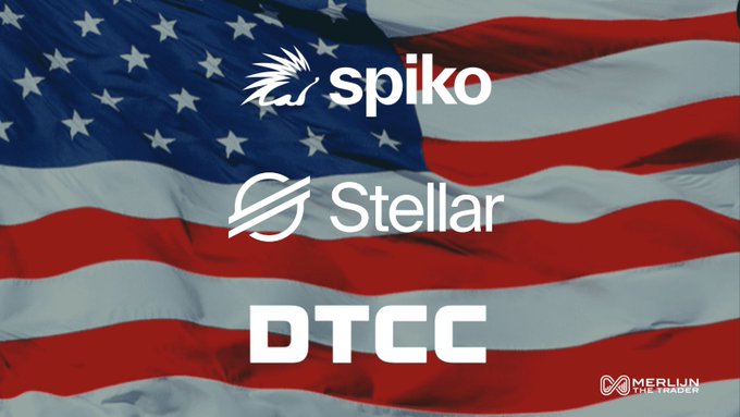 The image features a large American flag with the text "THE CHAIN INSTITUTIONS QUIETLY PICKED: tokenized fund AUM on Stellar just hit a record 1.9 billion dollars. Franklin Templeton is there. Spiko is there. The DTCC just chose the same network for U.S. securities tokenization".