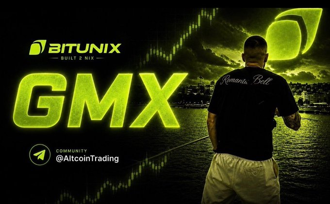 A person in a "Romania Bell" shirt stands overlooking water, overlaid with a bright green "GM" graphic, Bitunix logo ("BUILT 2 MIX"), and a candlestick chart, paired with an @AltcoinTrading Telegram tag — visually reinforcing the "GM" (good morning) crypto greeting and the post's reflective message about patience and protecting capital in trading.