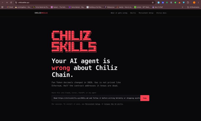 Screenshot of the ChilizSkills.xyz website stating 'Your AI agent is wrong about Chiliz Chain' and noting Fan Token decimals changed in 2026, with a copyable Claude/Cursor prompt link.