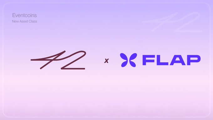 The image features a purple background with white text. The text reads "42 x @flapdotsh Flap cracked something nobody else has: the token tax and transaction fees don't just vanish into a marketing wallet anymore." This message seems to be related to an event or promotion involving 42x @flap dot Sh, possibly a new asset class or a product launch.

The image also includes two blue butterflies in the bottom right corner of the frame. The butterflies appear to be floating in the air and are positioned at different heights within the image.