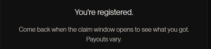 A dark confirmation screen displays "You're registered. Come back when the claim window opens to see what you got. Payouts vary." This appears to be the success message shown after completing registration for the Starknet BTC faucet campaign, instructing users to return later to claim their variable STRK rewards.