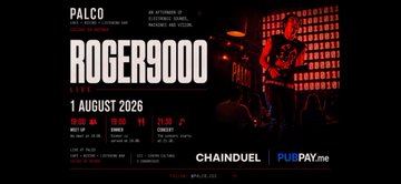 A promotional poster for a Roger9000 event at PALCO on 1 August 2026, featuring a guitarist on a red-lit stage, with sponsors Chainduel and PayPayme visible.