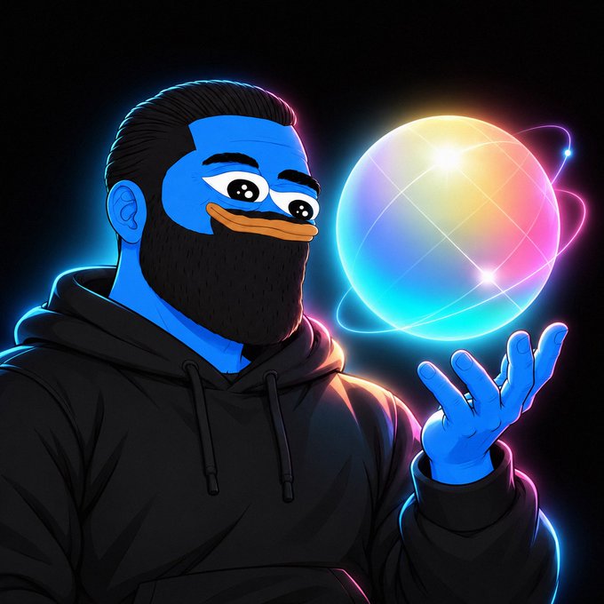 A digital illustration of a blue cartoon character with a dark beard wearing a black hoodie, holding a glowing, multi-colored spherical object in its hand against a dark background.