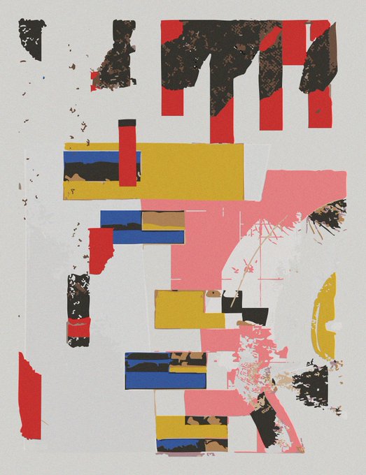 An abstract mixed-media collage featuring overlapping geometric shapes in red, yellow, pink, blue, and black on a white background.