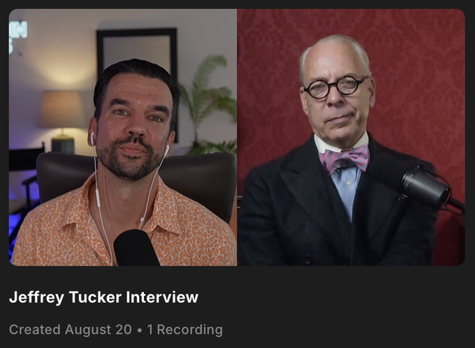 A video or podcast thumbnail titled 'Jeffrey Tucker Interview' showing two men with microphones on a split screen, created August 20 with 1 recording.