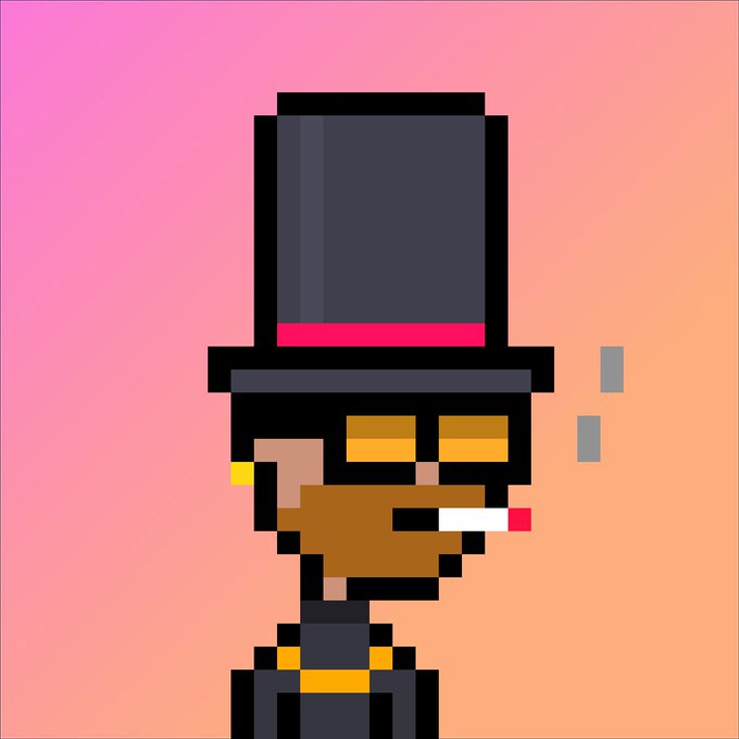 Pixel art illustration of a character with dark skin wearing a large black top hat with a red band, yellow sunglasses, and a cigarette in their mouth, set against a pink and orange gradient background.
