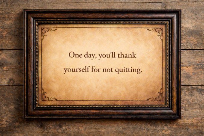 A framed motivational quote on parchment-style paper reads 'One day, you'll thank yourself for not quitting.' mounted on a wooden background.