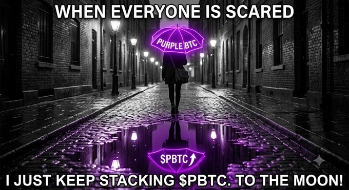 A lone figure walks down a dark, wet cobblestone alley holding a glowing purple umbrella labeled "PURPLE BTC" with its reflection showing "§PBTC," beneath text reading "WHEN EVERYONE IS SCARED / I JUST KEEP STACKING $PBTC. TO THE MOON!" The moody, contrarian imagery reinforces the poster's message of long-term conviction in the $PBTC/Solana project despite market fear.