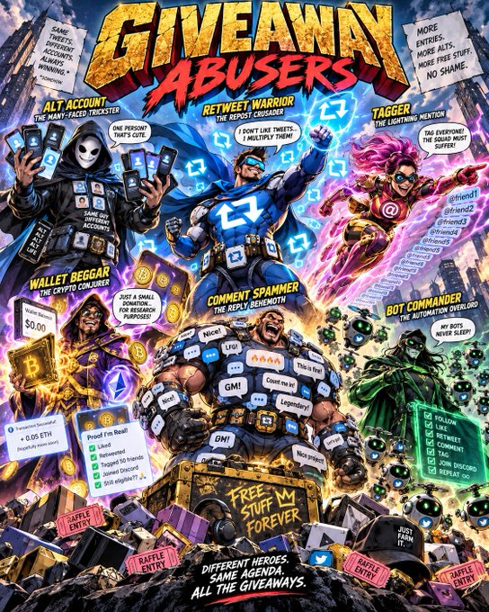 A vibrant comic-style poster titled "GIVEAWAY ABUSERS" parodying superhero team artwork, featuring six villainous characters labeled "Alt Account" (the multi-faccted trickster), "Retweet Warrior" (the repost crusader), "Tagger" (the lightning mention), "Wallet Beggar" (the crypto conjurer) showing $0.00 and 0.05 ETH, "Comment Spammer" (the reply behemoth) with phrases like "Nice!" and "This is fire!", and "Bot Commander" (the automation overlord) listing actions like Follow, Like, Retweet, Comment, Reply, and Join Discord. Speech bubbles throughout reveal lines such as "Same tweets, different accounts, always winning," "I don't like tweets, I multiply them," "Just a small donation for research purposes," and "My bots never sleep!" — humorously illustrating the coordinated X (Twitter) giveaway manipulation tactics referenced in the post about "giveaway abusers