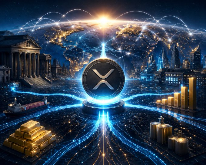 A digital illustration featuring a large XRP (Ripple) cryptocurrency coin in the center, surrounded by global connections, cityscapes, gold bars, and shipping containers symbolizing global trade and finance.