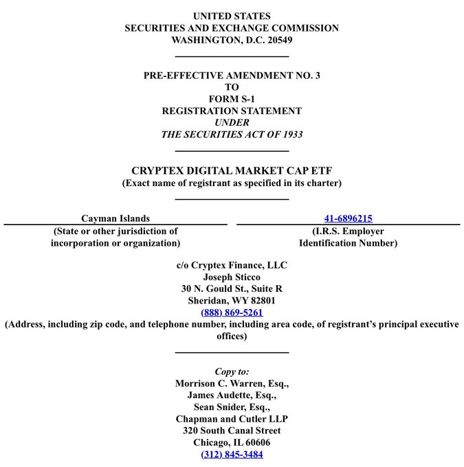 This image shows the cover page of SEC Form S-1 Pre-Effective Amendment No. 3 registration statement for the CRYPTEX DIGITAL MARKET CAP ETF, filed by Cryptex Finance, LLC (I.R.S. #41-6896215) out of the Cayman Islands, with the firm's principal offices located in Sheridan, WY. The filing relates to the accompanying post about the proposed crypto market-cap ETF (ticker BAGZ), which assigns XRP an approximate 4.9% weighting and notes Ripple's potential release of additional XRP from escrow contingent on regulatory clarity measures like the CLARITY Act.