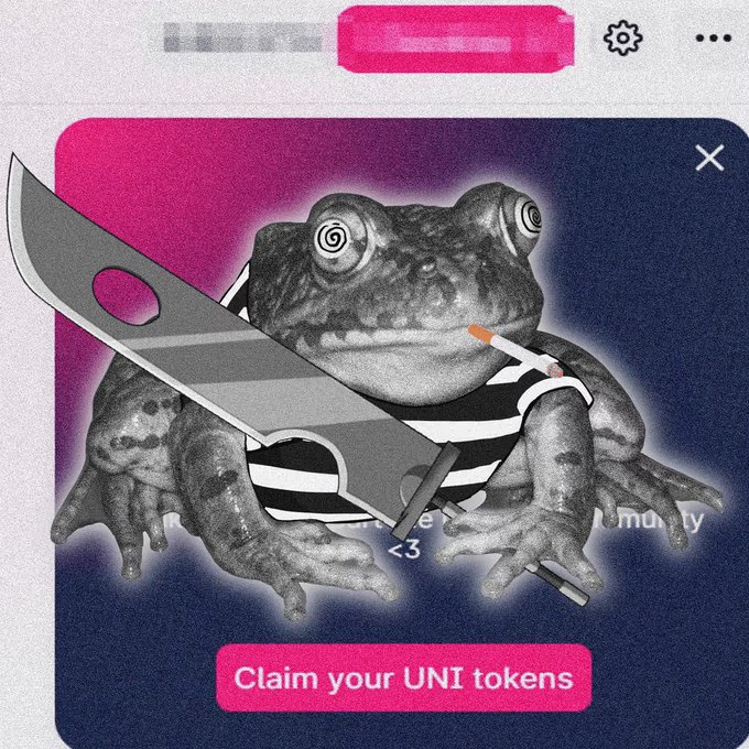 A surreal pop-art style image featuring a frog wearing a striped prison uniform and holding a large knife and cigarette, with a 'Claim your UNI tokens' button at the bottom.