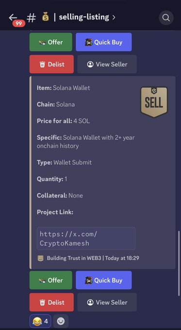 A screenshot from a Discord server's #selling-listing channel showing a listing for a Solana Wallet priced at 4 SOL.