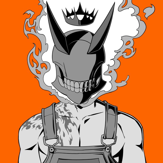 An anime-style black and white illustration of a menacing character with a horned mask featuring a wide grinning mouth, wearing overalls with flame tattoos, and a black crown above their head against an orange background.