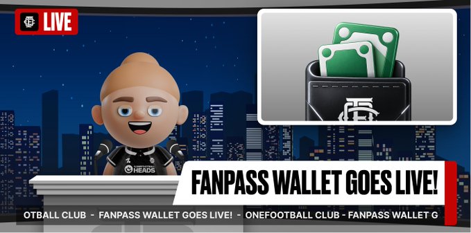 A YouTube thumbnail featuring a cartoon avatar announcing 'FANPASS WALLET GOES LIVE!' with money graphics and text 'OTBALL CLUB - FANPASS WALLET GOES LIVE! - ONEFOOTBALL CLUB - FANPASS WALLET G'.