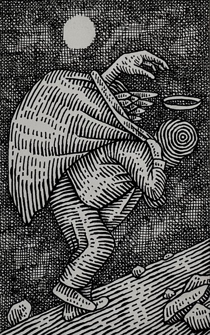 The image features a black and white illustration of a man carrying a large bag, with his arms wrapped around it as he walks up a hill or along a cliffside. The background includes a sky filled with stars and a moon, adding depth and context to the scene. The caption "GM 3/10 eds left Only 2 Tez 'Trashborn Angel'".