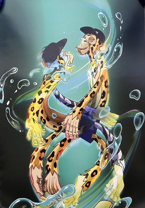 A stylized anime artwork featuring a large leopard-print humanoid figure holding a smaller character wearing a black cap, surrounded by flowing water-like tendrils.
