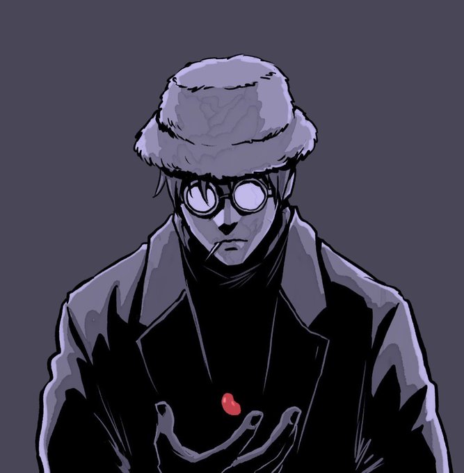 A stylized anime illustration of a character wearing a fur-lined hat, round sunglasses, and a dark coat, holding a small red bean-shaped object between his fingers, referencing the iconic "Azuki" red bean associated with the Azuki NFT collection.