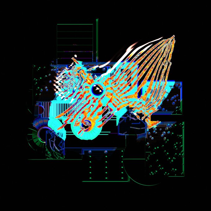 A vibrant, neon-colored digital artwork of a winged phoenix-like creature rendered with thermal/heat-map colors against a dark geometric background.