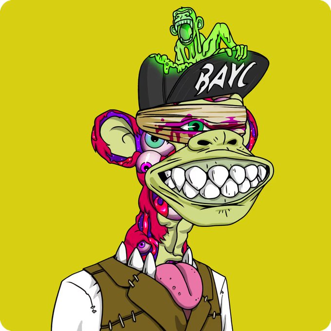 A Bored Ape Yacht Club (BAYC) style cartoon illustration of a green monkey with a wide toothy grin, wearing a 'BAYC' cap with a small zombie ape on top, set against a yellow background.