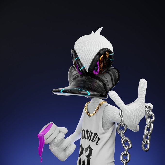 A 3D-rendered anthropomorphic duck wearing a white tank top with "Goonies" text, a gold chain, and a silver chain bracelet holds a paint can dripping with purple paint while posing a peace sign, complementing the post's announcement of the #403 ranked "Goonie" NFT from the OG Collection.