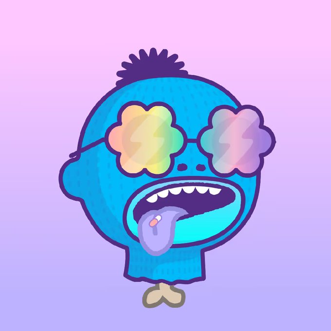 A cartoon illustration of a blue zombie-like character with an exposed brain, wearing rainbow-cloud shaped sunglasses, with its tongue hanging out and drool dripping down.