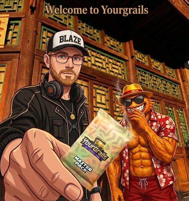 A cartoon-style promotional image titled 'Welcome to Yourgrails' featuring a man in a 'BLAZE' cap and a furry mascot holding a 'YOURGRAILS' branded 'MASTER PACK'.
