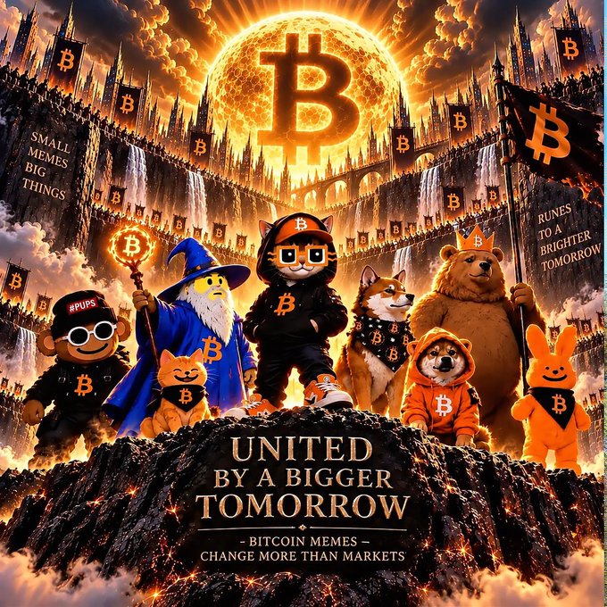 A fantasy-style digital artwork features various anthropomorphic animals wearing Bitcoin-themed merchandise gathered on a rocky peak beneath a large glowing Bitcoin symbol. The text reads 'UNITED BY A BIGGER TOMORROW' and 'BITCOIN MEMES CHANGE MORE THAN MARKETS,' with side banners stating 'SMALL MEMES BIG THINGS' and 'RUNES TO A BRIGHTER TOMORROW.'