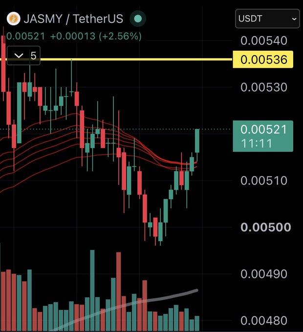 Cryptocurrency trading chart for JASMY/TetherUS pair showing price at 0.00521 with a +0.00013 (+2.56%) gain, displayed in USDT with candlestick patterns and volume bars.