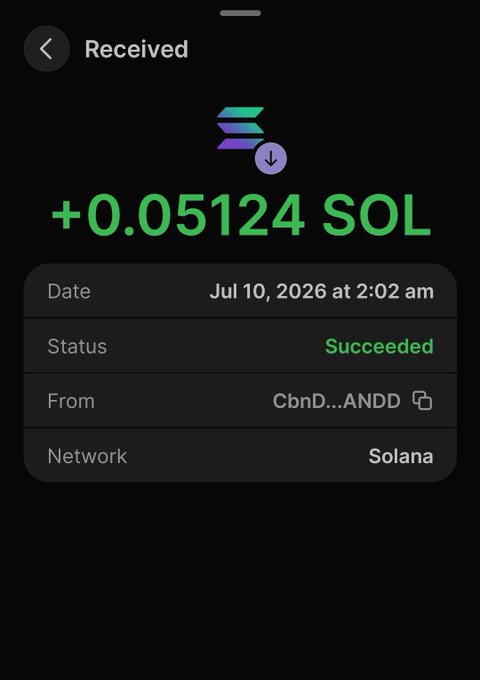 A mobile phone screenshot of a crypto wallet transaction showing a receipt of +0.05124 SOL from CbnD...ANDD on the Solana network, dated July 10, 2026.