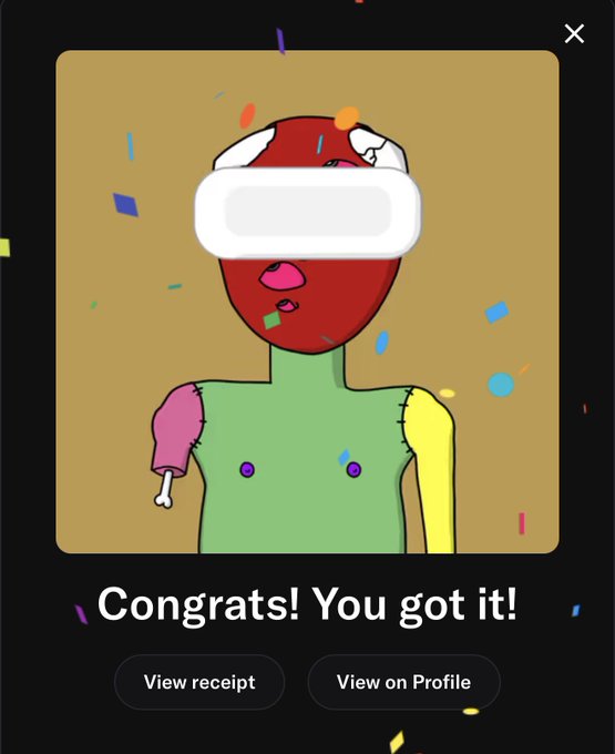 A digital illustration of a red-headed character with a cartoon bandage over their eyes surrounded by confetti, celebrating with the text "Congrats! You got it!" along with buttons for "View receipt" and "View on Profile," indicating a contest winner announcement for @vinchacho.