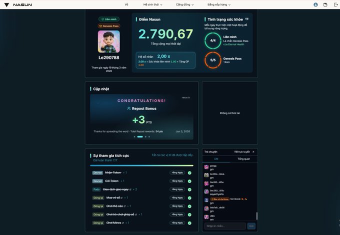 The image shows a computer screen displaying a website called "Nasun_io" with a message that reads, "Gần đây @Nasun_io có 1 khảo sát mọi người hay dùng mạng nào? Tôi chọn mạng @solana". The post is about a person named "Lê Héân" and their achievements. The image also contains text in another language, which might be related to the post or could be an unrelated piece of information.
