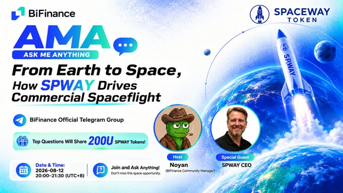 Promotional graphic for a BiFinance AMA event on August 12, 2026 (20:00-21:30 UTC+8), featuring BiFinance Community Manager "Noyan" as host and the SPWAY CEO as special guest, with the headline "From Earth to Space, How SPWAY Drives Commercial Spaceflight" and an offer of 200U SPWAY tokens for top questions, visually depicting a rocket launch against Earth alongside the BiFinance and Spaceway Token logos.