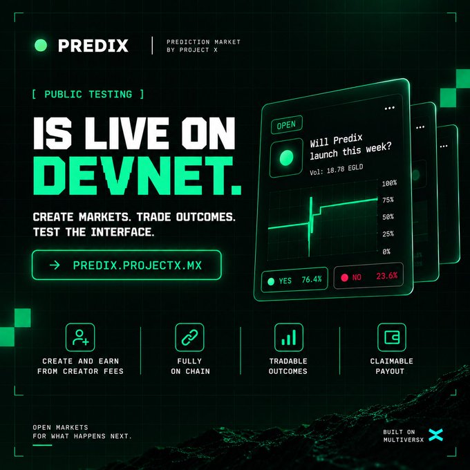 Promotional graphic for PREDIX, a prediction market by Project X, announcing it is live on Devnet for public testing with the tagline 'Create markets. Trade outcomes. Test the interface' and built on MultiversX.