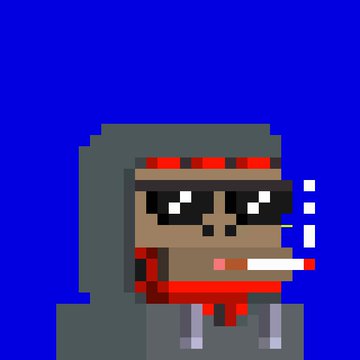 A pixel art character wearing a gray hoodie, red headband, sunglasses, and smoking a cigarette against a solid blue background.