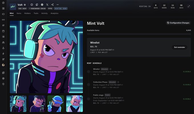 A web interface for a digital collection called 'Mint Volt' showing a cyan-haired character with headphones, along with mint schedule details and pricing information.