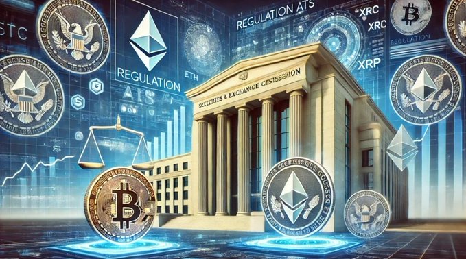 Digital illustration depicting cryptocurrency regulation with Ethereum and Bitcoin coins surrounding the SEC building and scales of justice.
