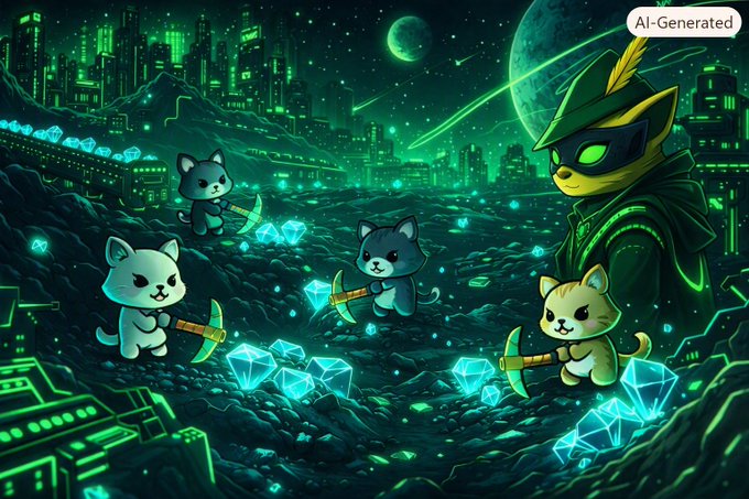 An AI-generated digital artwork labeled 'AI-Generated' depicting cute cats mining glowing green crystals with pickaxes in a futuristic, neon-green sci-fi landscape alongside a masked feline character.
