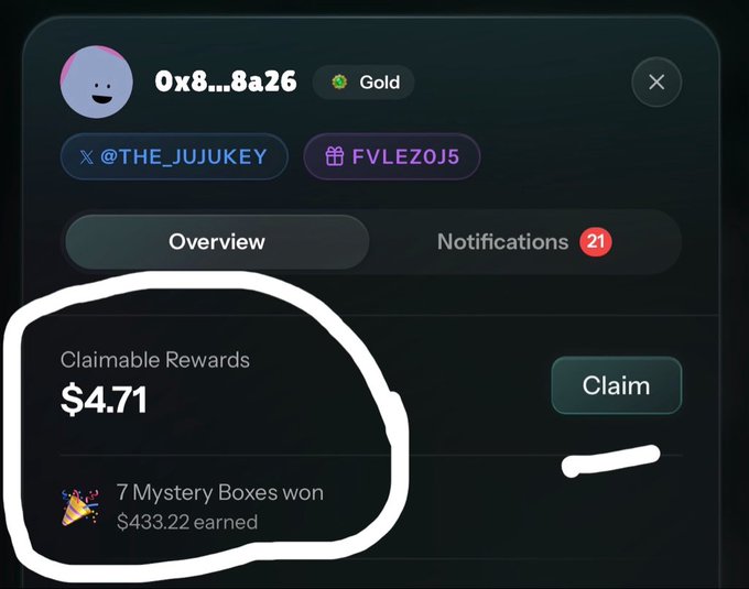 A screenshot of a user profile on the WolfSwap app showing $4.71 in claimable rewards, 7 Mystery Boxes won, and $433.22 earned, highlighting the rewards earned while swapping on the platform.