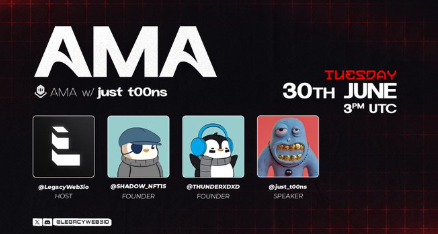 A promotional graphic for an AMA (Ask Me Anything) session on Discord with the t00ns project, scheduled for Tuesday 30th June at 3 PM UTC, featuring the host and speakers.