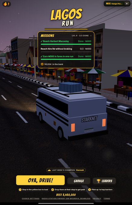 A mobile game screenshot for 'LAGOS RUN' showing a 3D van on a city street, with a missions panel listing objectives like 'Reach Herbert Macaulay' and 'Earn N500 in fares in one run', and a yellow 'OYA, DRIVE!' button.